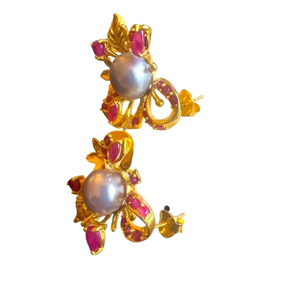 Authentic Ruby & Pearl Pierced Earrings Fine Jewelry Gold Plate on 925 Sterling - Picture 4 of 7
